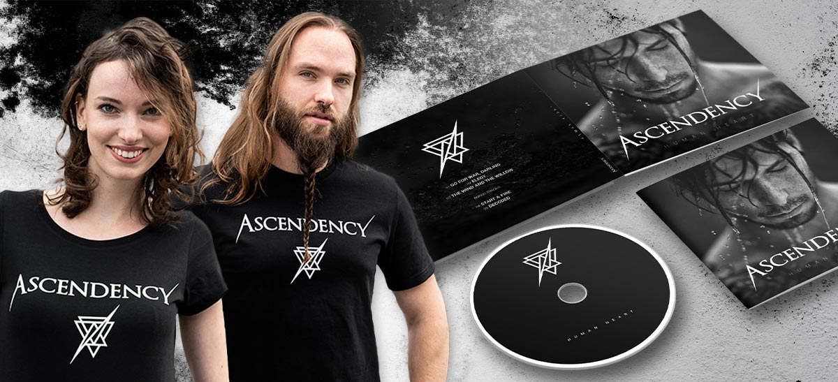 A man and a woman wearing Ascendency shirts against a grayscale grunge background. Next to them, an Ascendency album.
